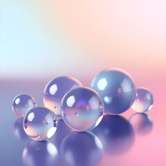 Translucent spheres display iridescence and subtle reflections while resting against a smooth gradient background filled with soft colors. The scene creates a calming, modern aesthetic