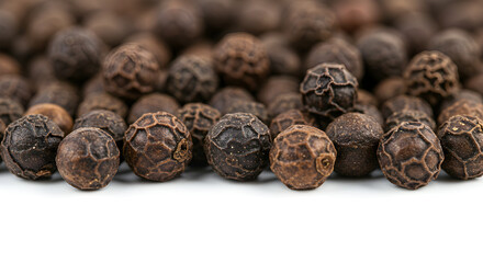 Obraz premium Close Up Of Dried Black Peppercorns Against White Background