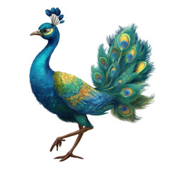 Obraz premium Illustration of a beautiful peacock with vibrant blue and green feathers strutting against white backdrop.