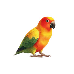 A vibrant sun conure parrot stands against a white backdrop displaying its colorful plumage beautifully.