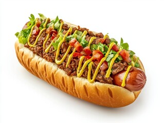 Delicious chili dog with mustard lettuce and tomato on white background studio shot close up appetizing