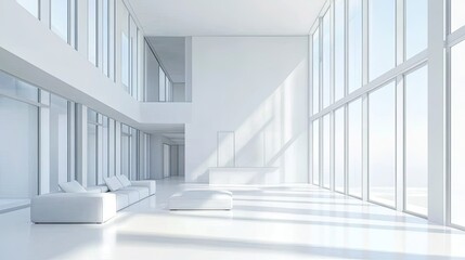 Obraz premium Bright white living space with tall windows, clean lines and minimal decor, D visualization of modern home interior
