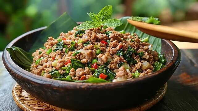 Delicious bowl of minced meat salad with herbs and vegetables, set in a lush green outdoor background