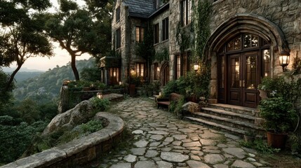 Fototapeta premium Stone house exterior at dusk
