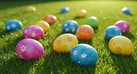 Colorful Decorated Easter Eggs Scattered On Green Grass In Sunlight Festive Spring Holiday Concept