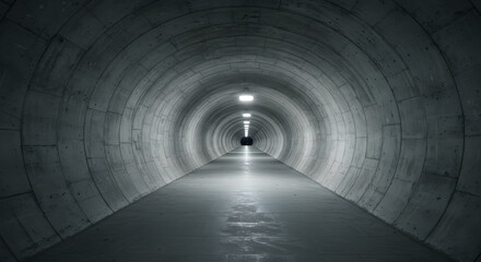 Concrete Cylindrical Tunnel Interior with Lighting and Reflective Floor