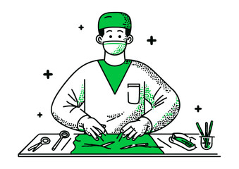 Surgeon performing an operation, precise vector illustration with surgical tools and masked focus