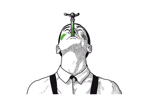 Sword swallower tilting head back, dramatic vector illustration with metallic reflections, vaudeville style