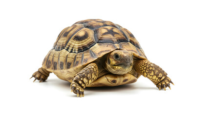 Naklejka premium Detailed Tortoise Portrait Isolated on White Background with Textured Shell and Natural Colors