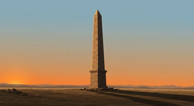 Majestic Obelisk at Sunset A Timeless Monument in the Vast Desert Landscape