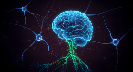 Digital Illustration Of A Glowing Blue Brain And Neural Network On A Dark Background