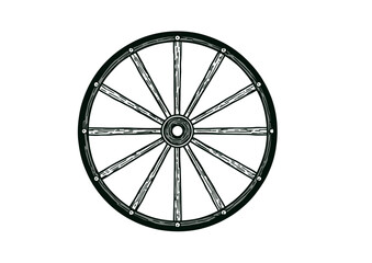 Wainwright building a wagon wheel, historical vector design with wooden spokes, iron rivets