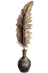 Isolated Decorative Quill Pen in Inkpot