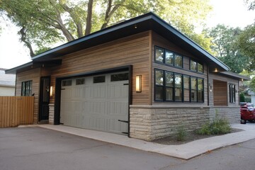 Horizontal lap siding with natural stone base and garage --ar 3:2 --v 7 Job ID: 88ec12d3-1cbb-4c2a-8cee-1e1932c4c2e1