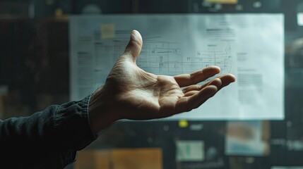 Expressive hand gesturing before strategic schematic in focused perspective