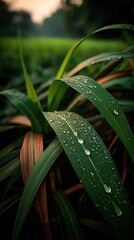 Peaceful dewdrops glistening on grass blades in garden