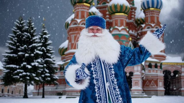 Ded moroz inviting people to red square during snowfall