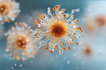 Obraz premium Hyper macro image of cytokine release between immune cells in a translucent environment, showing communication signals under clean white light.