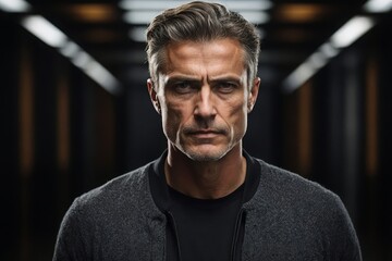 Obraz premium A sharply contrasting businessman, juxtaposing dark sweater and light t-shirt, exudes a sense of duality