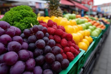Fototapeta premium Vibrant market display showcasing colorful fruits in the heart of the city