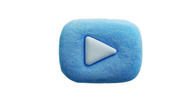 Soft Blue Plush Play Button Icon Isolated on White Background