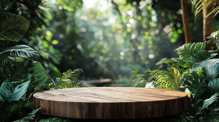 Wooden podium set in a tropical forest with a green background, ideal for product presentation