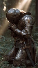 Medieval knight in ornate armor kneeling in forest sunlight with hands clasped.