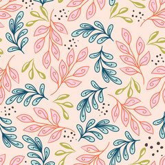 Simple Elegant Linear Leaves Vector Seamless Pattern