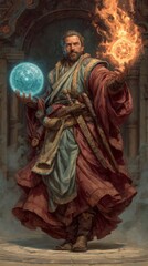 Powerful wizard conjuring fire and ice in ancient temple environment fantasy scene.