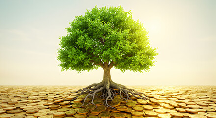 Isolated Green Tree With Exposed Roots in Cracked Earth Against Sunny Sky Showing Environmental Concepts