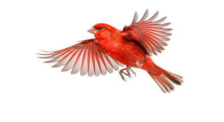 Fototapeta premium Isolated Red Cardinal Bird in Flight Against a White Background Displaying Wings