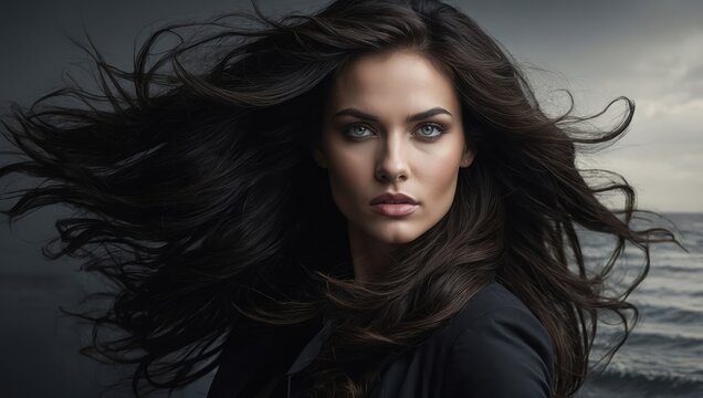 Her rich ebony hair cascading around her, a striking woman captivates with eyes that reflect both power and grace.

