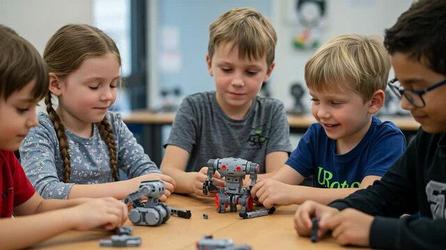Young Minds at Play: A group of enthusiastic young children collaborates and explores the world of robotics, building and experimenting with their creations in a bright, modern environment.
