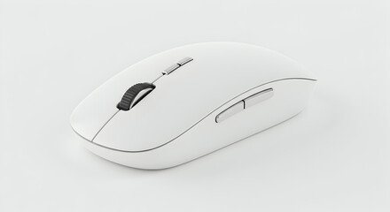 Isolated White Wireless Computer Mouse On A White Background With Black Scroll Wheel And Buttons