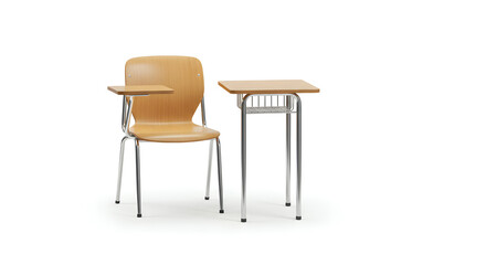 Isolated Wooden School Desk And Chair On White Background With Brown Wood And Metal