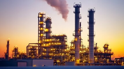 Obraz premium A large industrial plant with a lot of smoke coming out of it. The sky is orange and the sun is setting