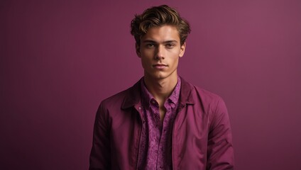 Fototapeta premium Standing before a subtle magenta backdrop, a young man’s handsome and youthful features are beautifully detailed in the image.