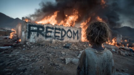 A child spray paints FREEDOM on a crumbling wall surrounded by fire in a desert