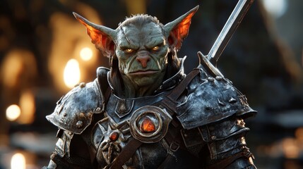 Fierce goblin warrior in detailed armor with glowing gems and sword on back.
