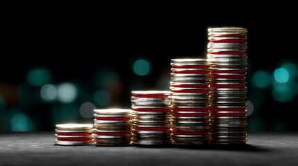 Floating graphic of financial empowerment progress with stacked coins blurred background