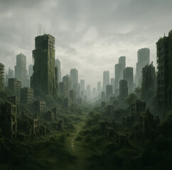 Overgrown skyscrapers and buildings swallowed by dense vegetation in a misty, abandoned cityscape, symbolizing the aftermath of human absence and nature's reclamation.