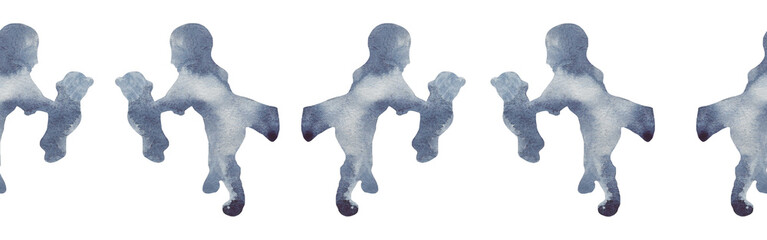 Watercolor border with silhouettes of baby.Brush strokes in the form of blue silhouettes of bear.Silhouette of toy on white background.	