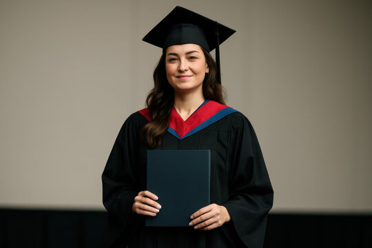 Portrait d&rsquo;une jeune dipl&ocirc;m&eacute;e souriante en toge universitaire noire tenant son dipl&ocirc;me sur fond neutre, espace vide pour ajout de texte, photo professionnelle r&eacute;aliste