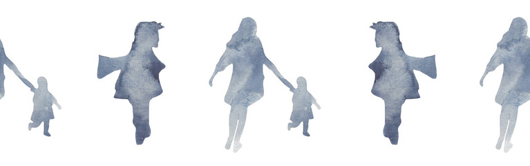 Watercolor border with silhouettes of a baby and mom.Brush strokes in the form of blue silhouettes of bear.Silhouette of toy on white background.	