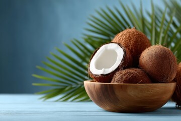 Fresh coconuts arranged in a wooden bowl with palm leaves on a blue wooden surface in bright natural light