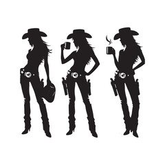 Cowgirl Holding Coffee Mug Vector Silhouette, Western Charm, Country Style, Rustic Life, Cowboy Spirit, Cozy Moment, Western Fashion.
