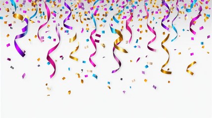 Fototapeta premium Celebration background of falling confetti and ribbons on white surface overhead shot for party invitation or greeting card