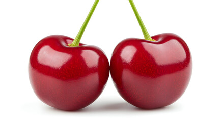 Pair Of Red Cherries Isolated Against A White Background With Green Stems Showing Macro Details