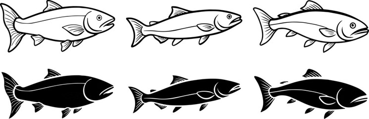 Set of Arctic char outline vector illustration line art silhouette