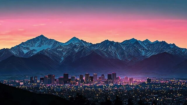 Majestic Cityscape at Dawn: A Breathtaking View of Las Vegas and the Snowy Wasatch Mountains